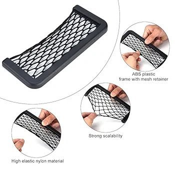 Storage Mesh Bag, Black Nylon Elastic, Car Interior Organizer, Storng Sticky Net Pocket for Phones, Wallet, Snacks, Makeup etc - Image 3