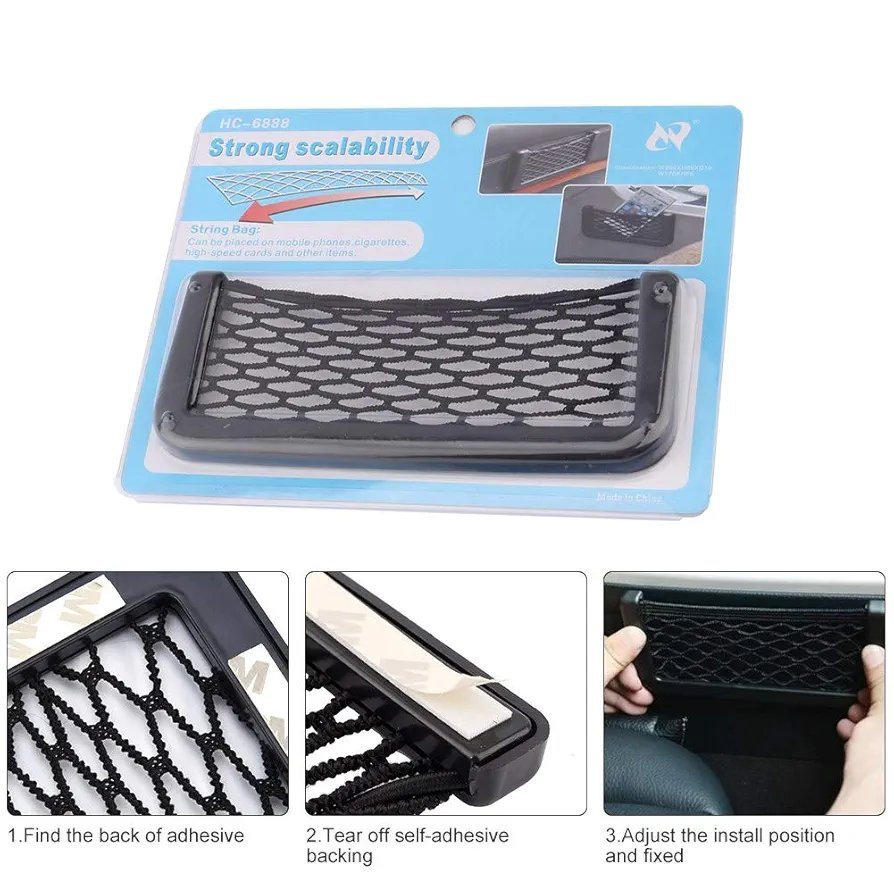 Storage Mesh Bag, Black Nylon Elastic, Car Interior Organizer, Storng Sticky Net Pocket for Phones, Wallet, Snacks, Makeup etc